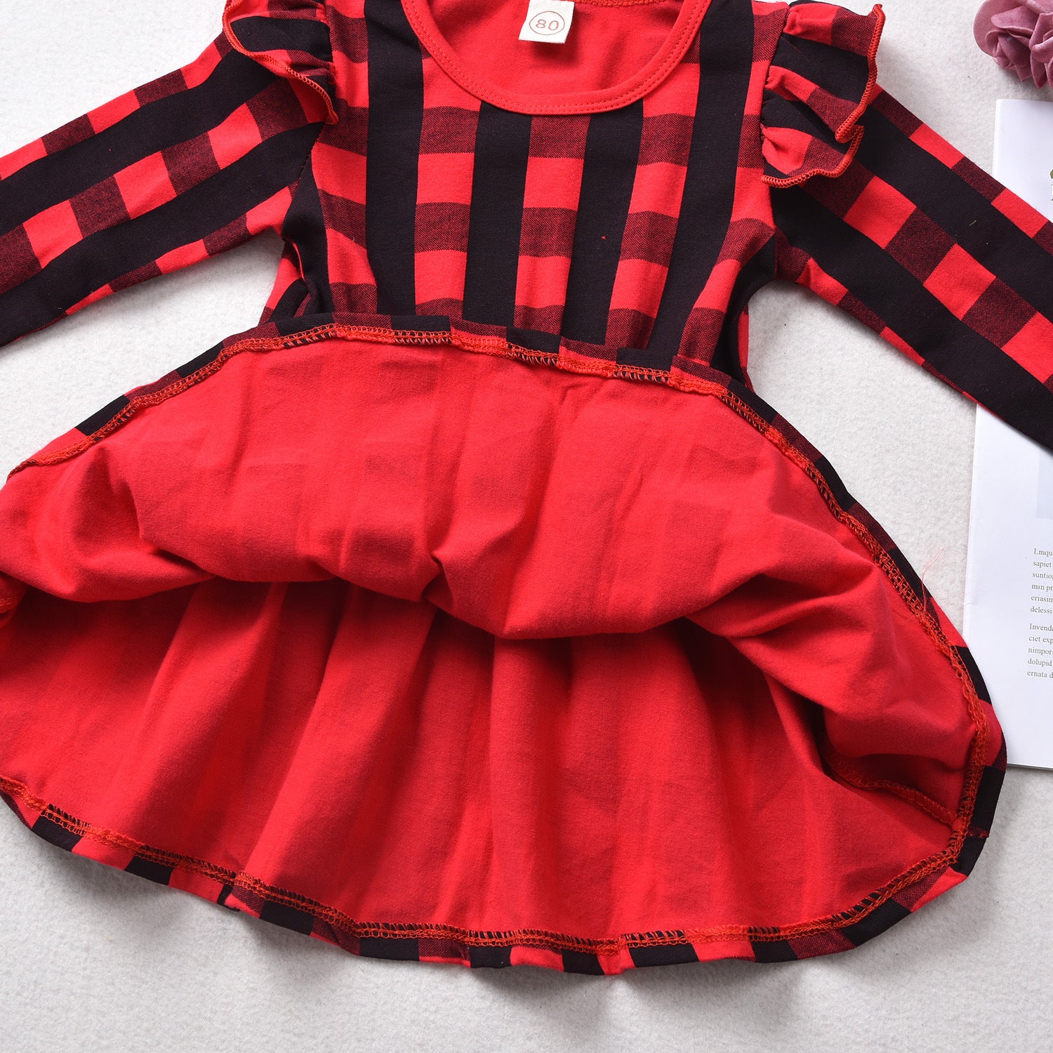 Kid Baby Girls Long Sleeve Christmas Plaid Flying Sleeve Dress