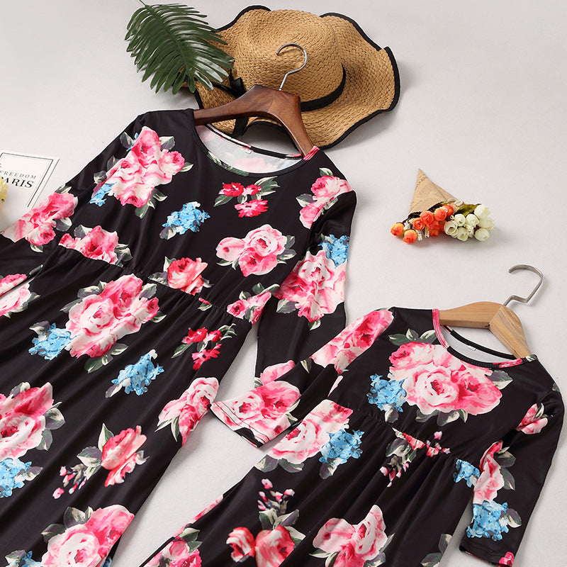 Family Maatching Long-sleeved Floral Print Long  Dress