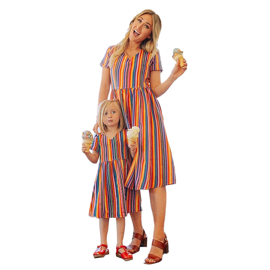 Family Matching Parent-child Rainbow Stripe Print V Collar Dress