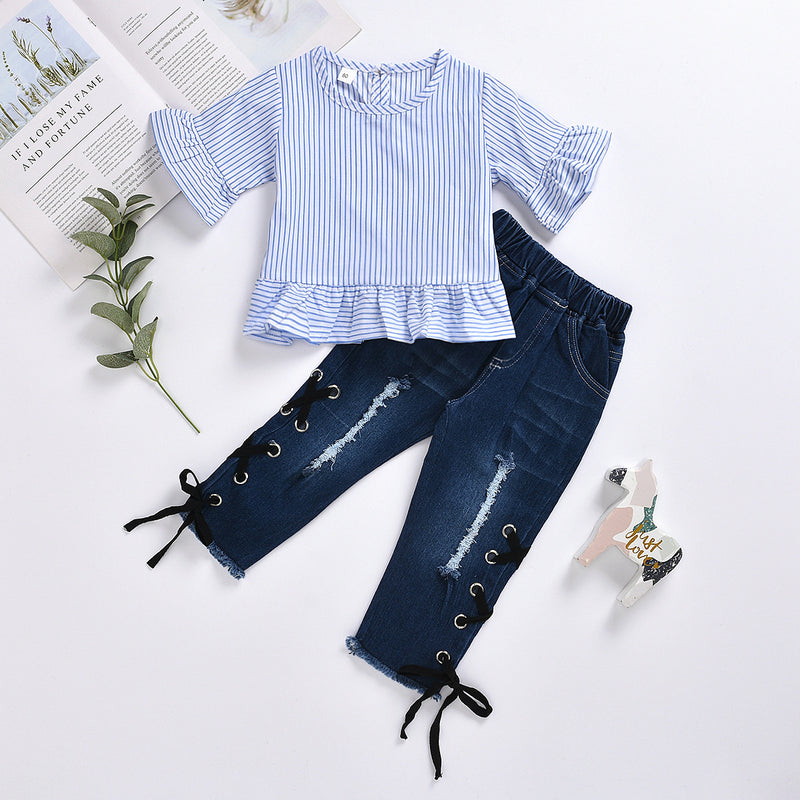 Kid Baby Girl Suit Stripe Lace Flared Sleeve Ripped Jeans 2 Pcs Sets