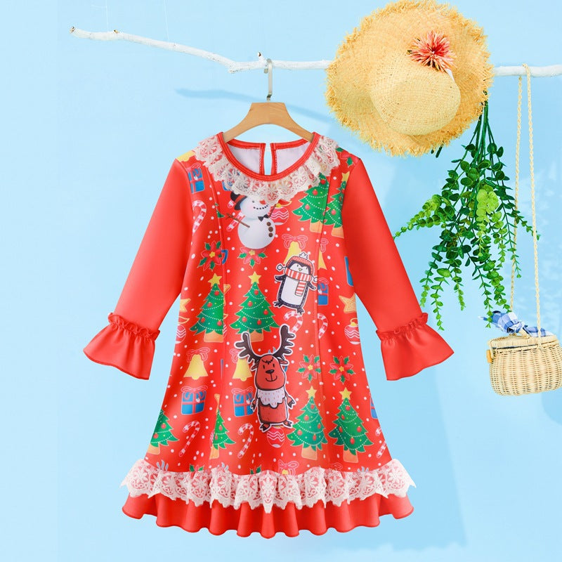 Kid Girl Long-sleeved Christmas Printed Flared Sleeves Flower Dress