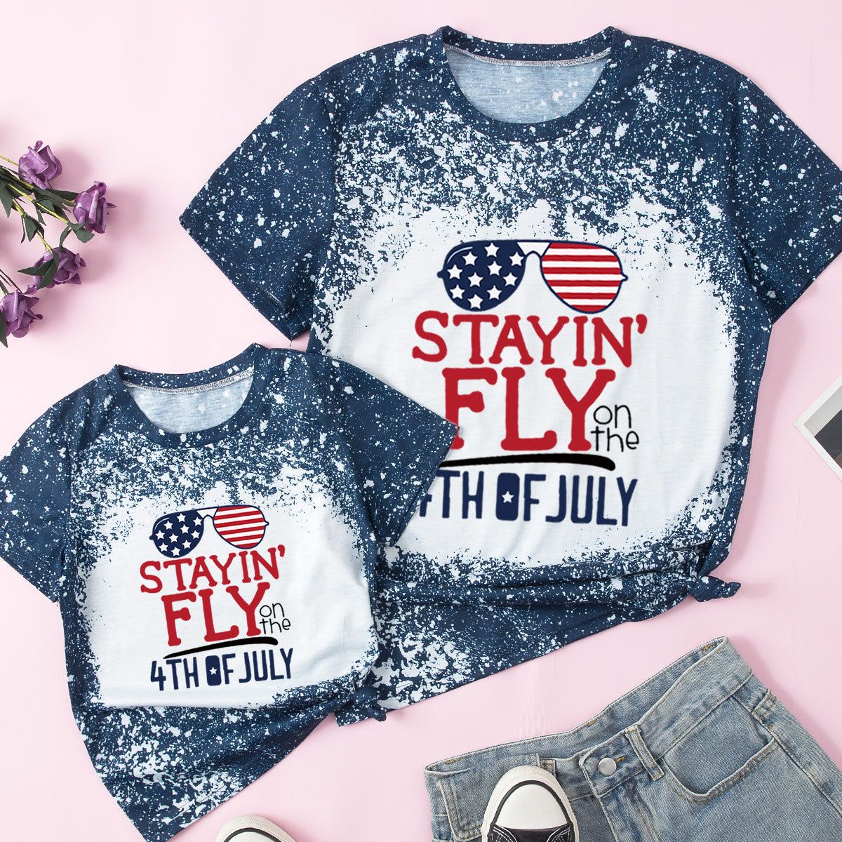 Family Matching Mother Daughter Short Sleeves Independence Day Cotton T-shirt