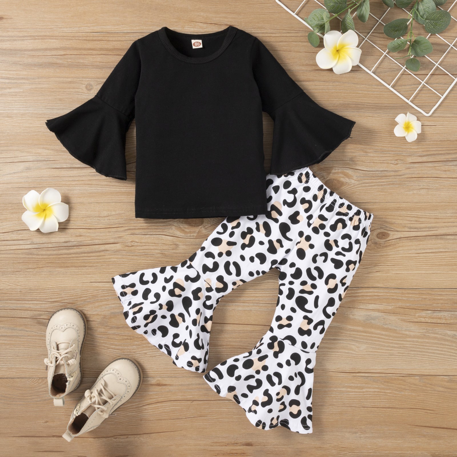 Kid Baby Girl Suit Black Cotton Flared Sleeve Leopard 2 Pcs Sets