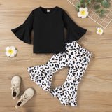 Kid Baby Girl Suit Black Cotton Flared Sleeve Leopard 2 Pcs Sets