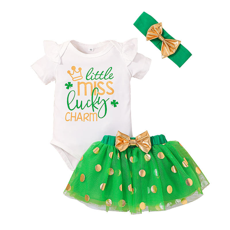 Baby Girl Summer St. Patrick's Day Four-leaf Alphabet Suit 2 Pcs Sets