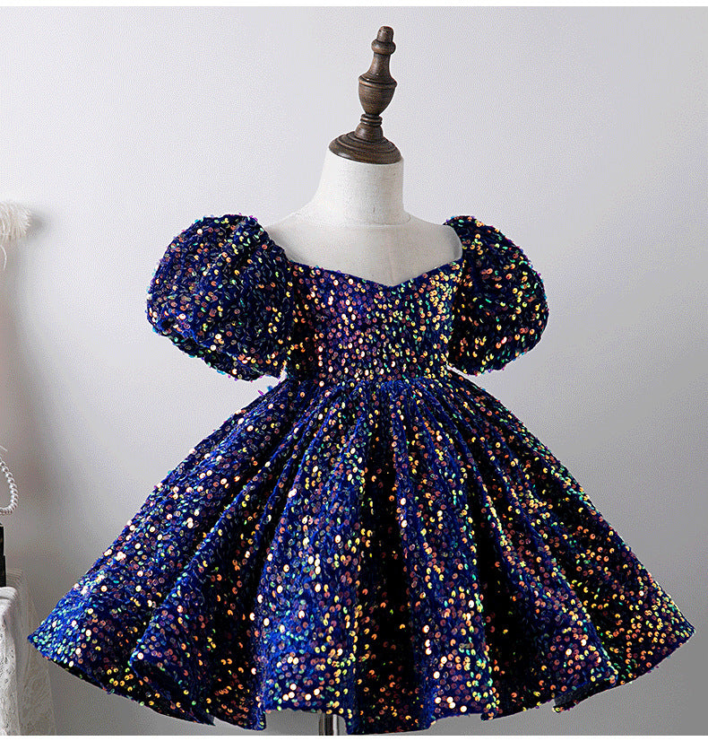 Kid Baby Girl Sequin Bubble Sleeve Princess Performance Dress