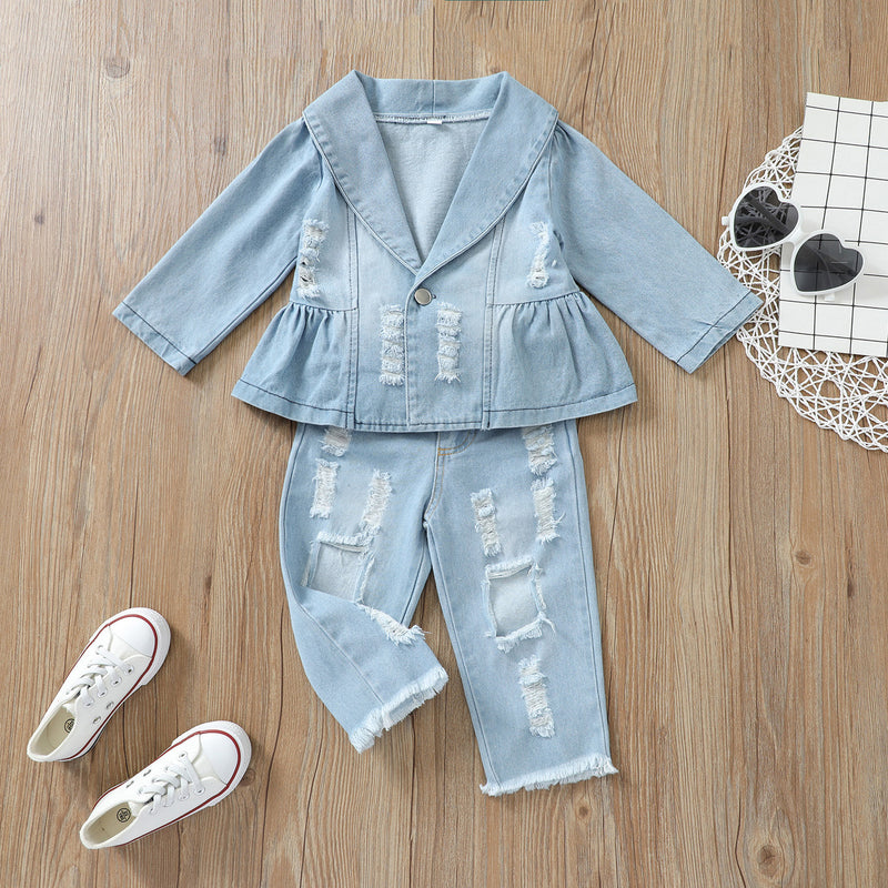 Kid Baby Girl Suit Single Breasted Solid Denim Blue 2 Pcs Sets