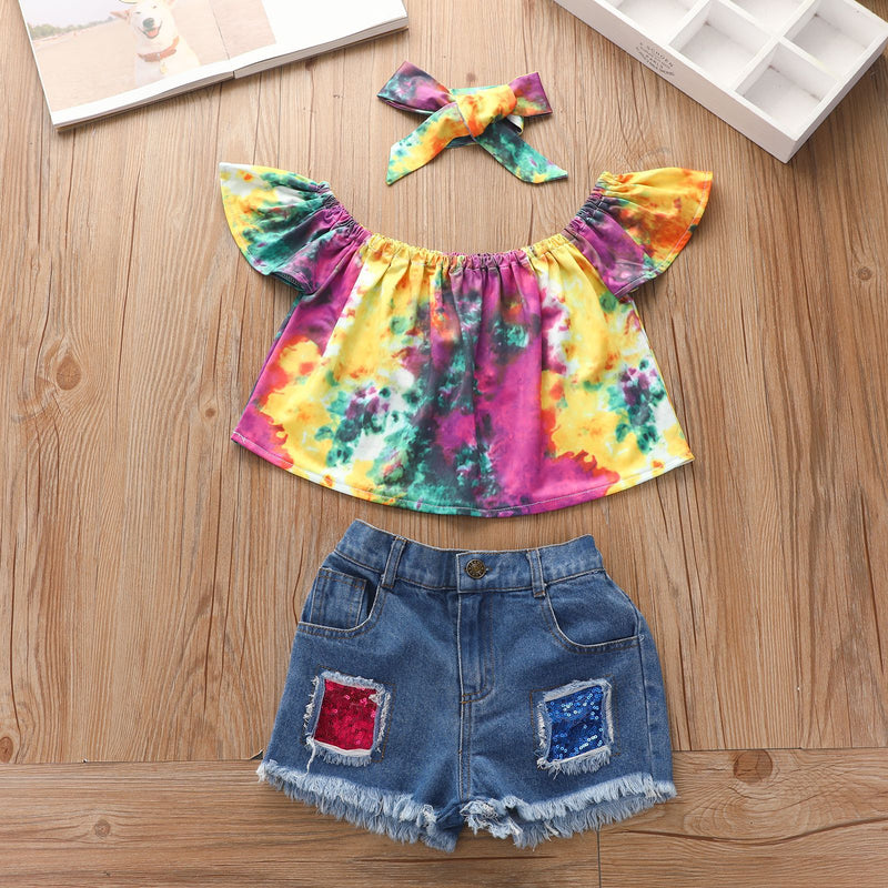 Summer Kid Baby Girls Suit Tie-dyed Denim Shorts 3pcs Sets