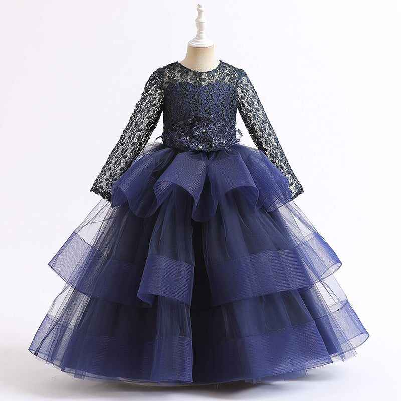 Kid Baby Girl Long Sleeved Sequins Gauze Puffy Princess Dress