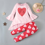 Toddler Baby Girls Valentine's Day Love Pink Trumpet Sleeve 2 Pcs Sets
