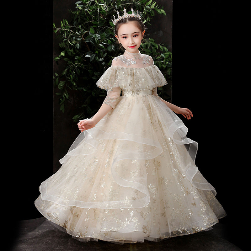 Kids Long Girl Champagne Sequin Embroidery Teenagers Ceremony Dress