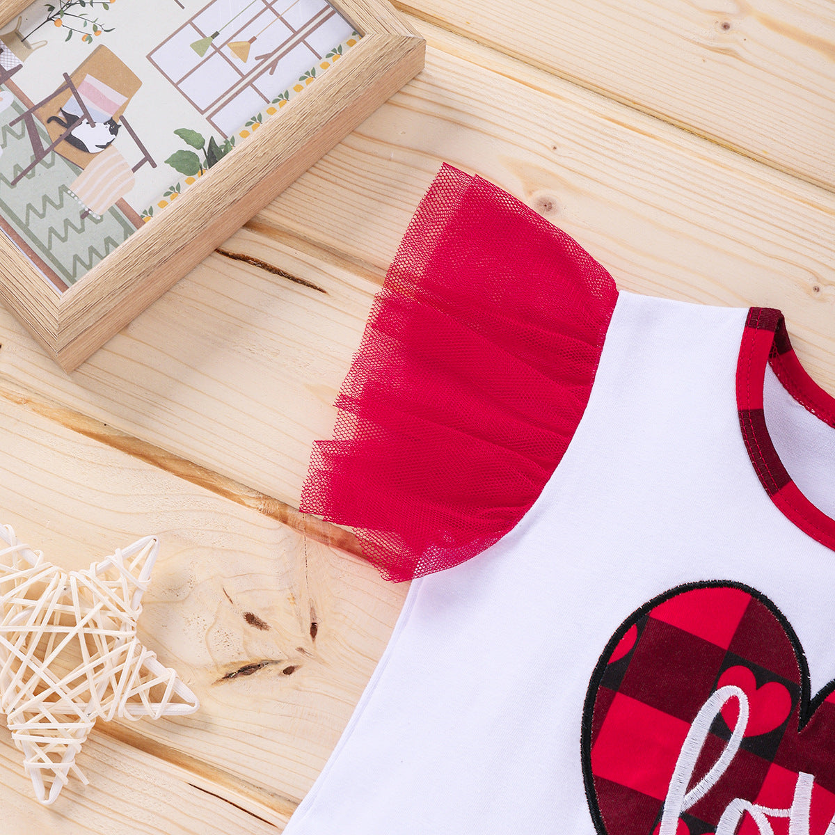 Baby Kid Girls Valentine's Day Check Suit Red Heart Short Sleeve 2 Pcs Sets