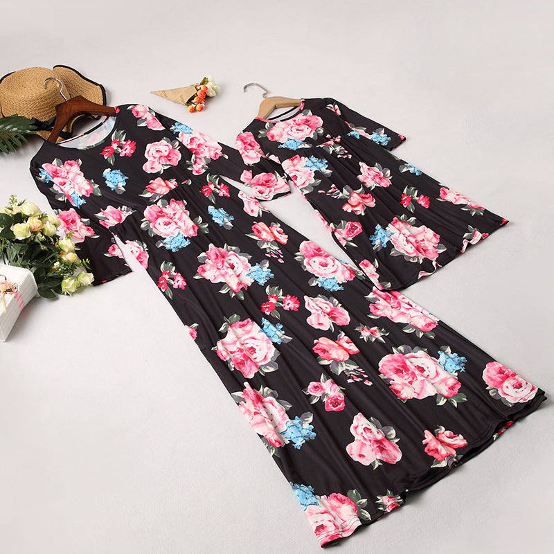 Family Maatching Long-sleeved Floral Print Long  Dress