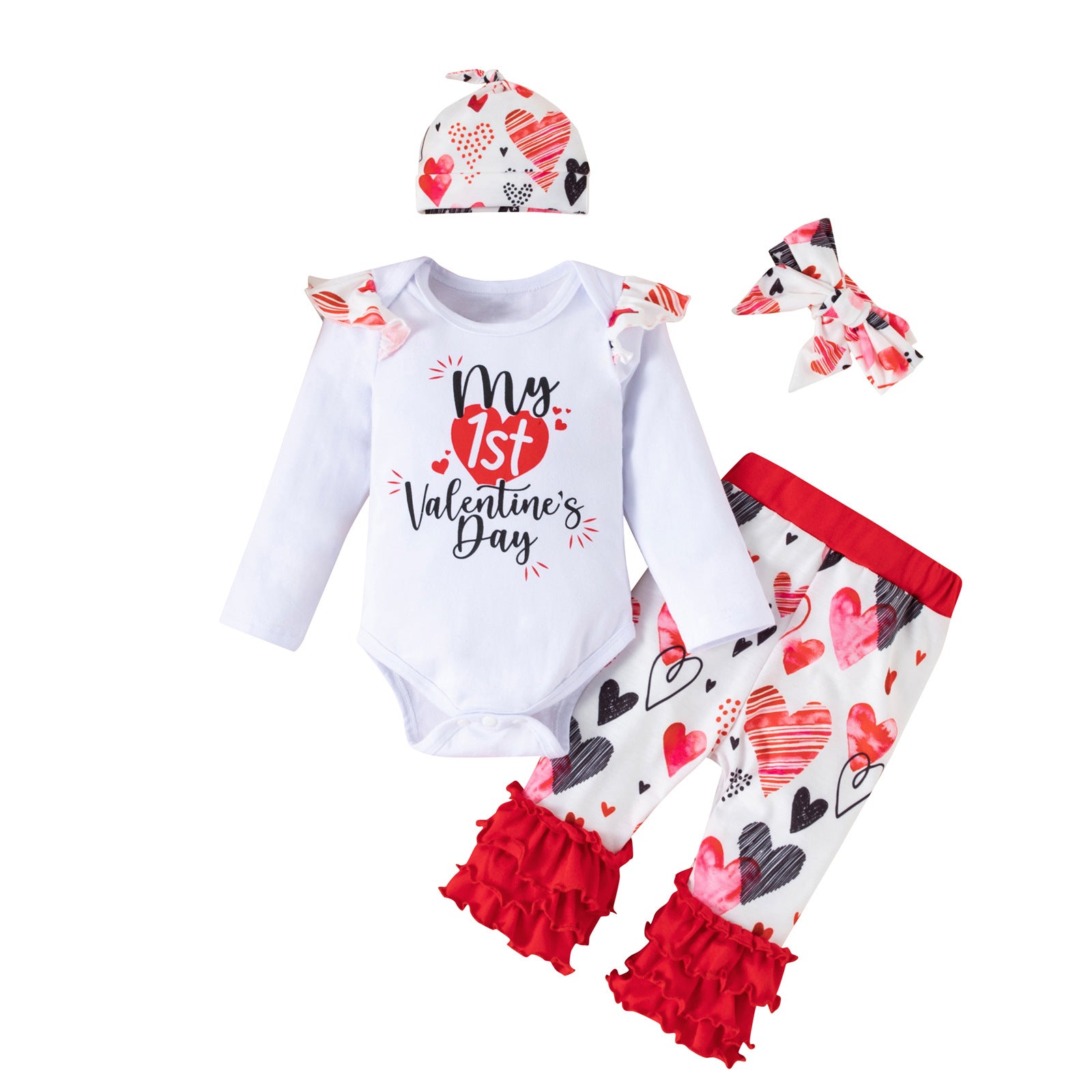 Baby Girl First Valentine Love Pleated Lace 4 Pcs Sets