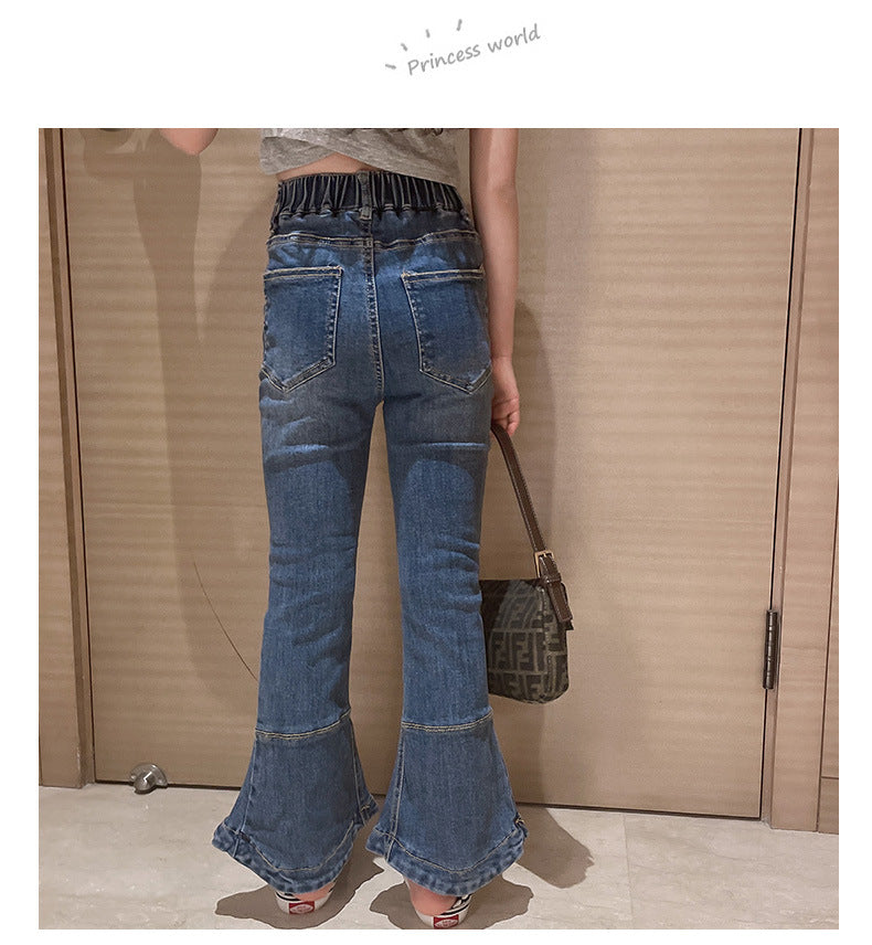 Kid Girl Teenage Jeans Spring Fashion Retro Versatile Slim Blue Denim Flared Pants