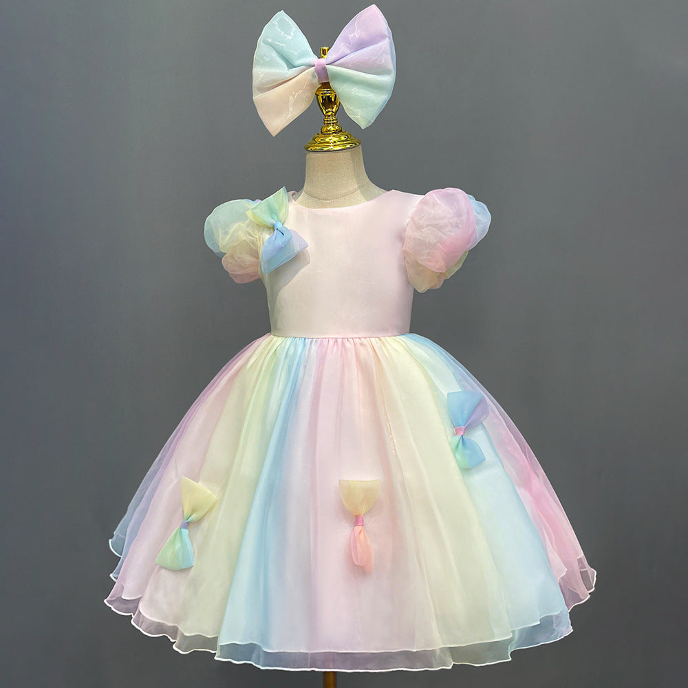 Kid Girl Dress Princess Summer Bow Bubble Sleeve Gauze Dresses