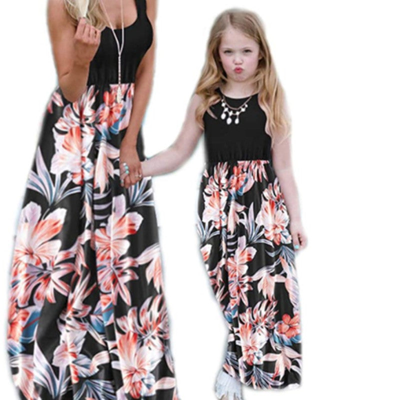 Family Matching Mother Daughter Dress Vest Printed  Long Summer Dress