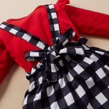 Infants Baby Girls Set Valentine's Day Long Sleeve Plaid Love Strap 2 Pcs Sets