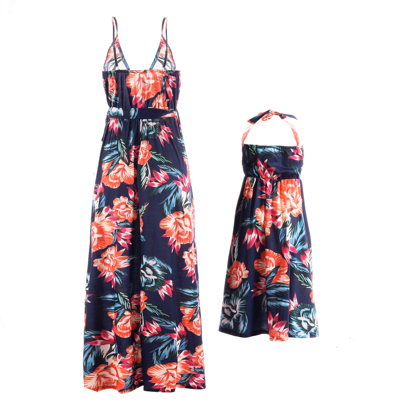 Family Matching Mother Daughter Halter Belt Flower Printed Garden Dresses