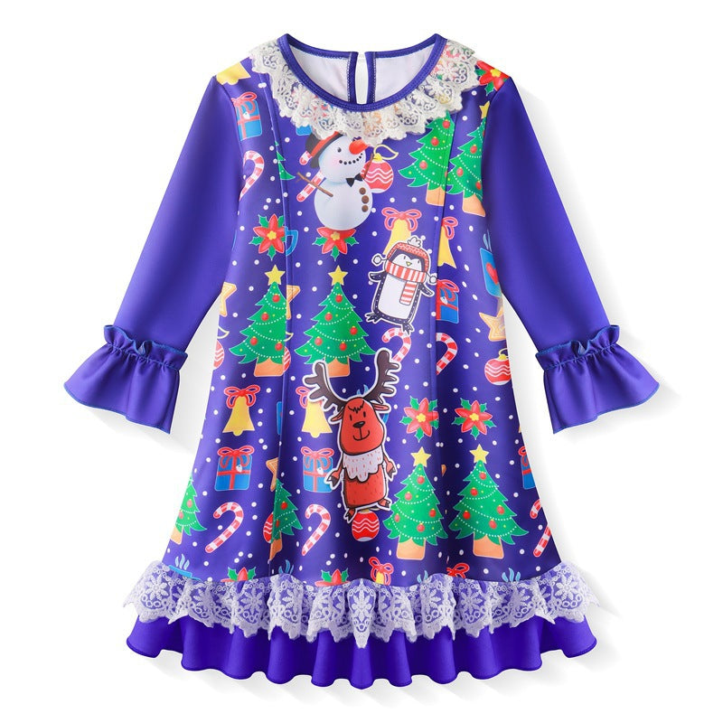 Kid Girl Long-sleeved Christmas Printed Flared Sleeves Flower Dress