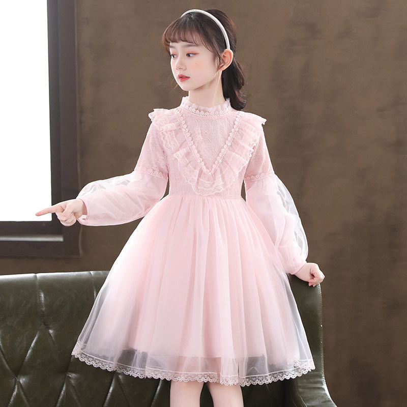 Kid Baby Girl Pearl Lace Gauze Princess Long Sleeve Dresses