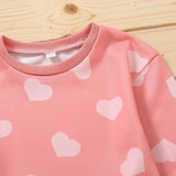Girl Valentine's Day Autumn Dress Heart Printed Long Sleeves Pleated Sets 2 Pcs