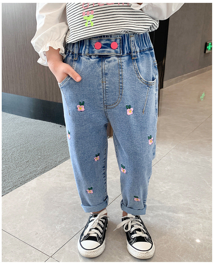Kid Girls Flower Jeans Foreign Casual Trousers Spring Autumn Pants