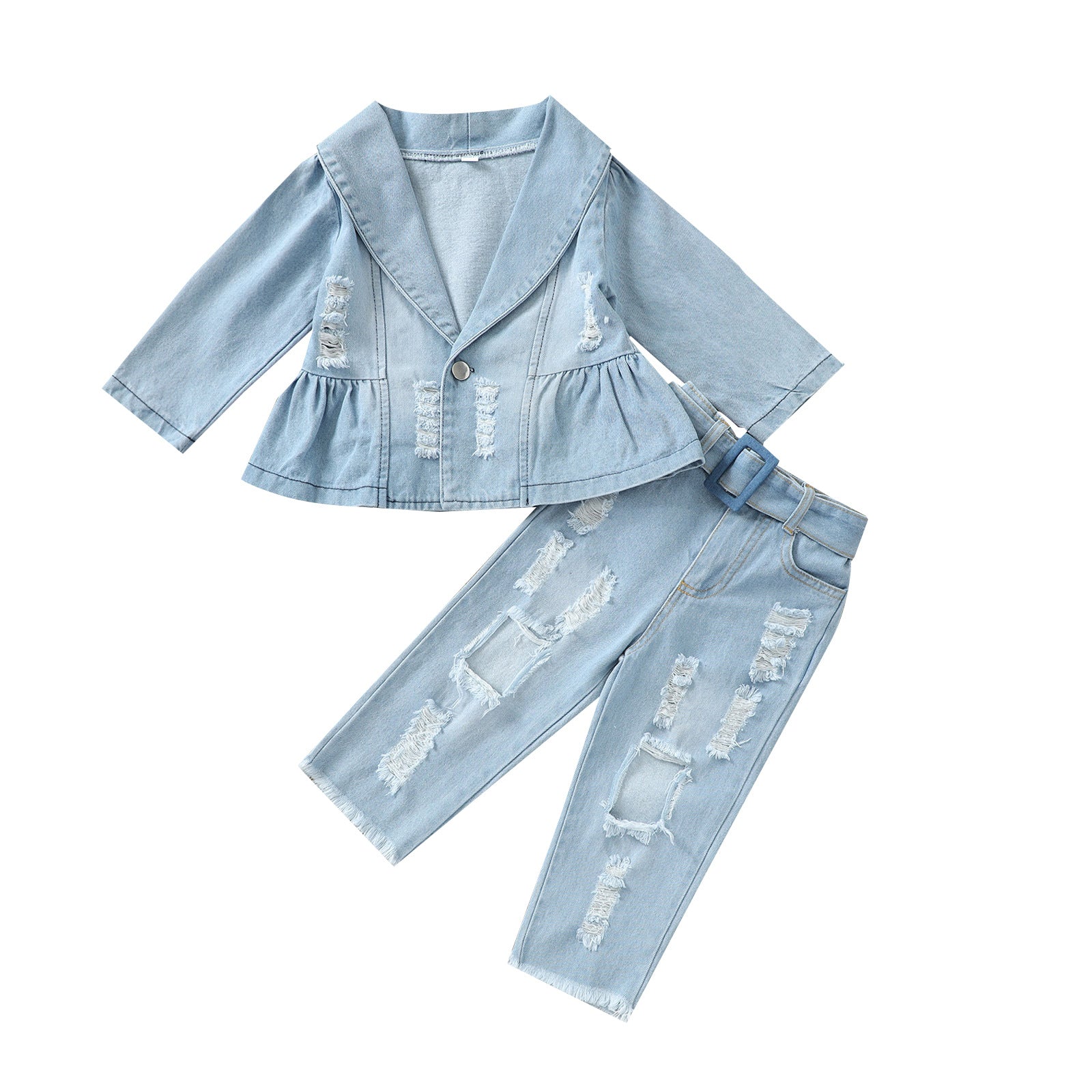 Kid Baby Girl Suit Single Breasted Solid Denim Blue 2 Pcs Sets
