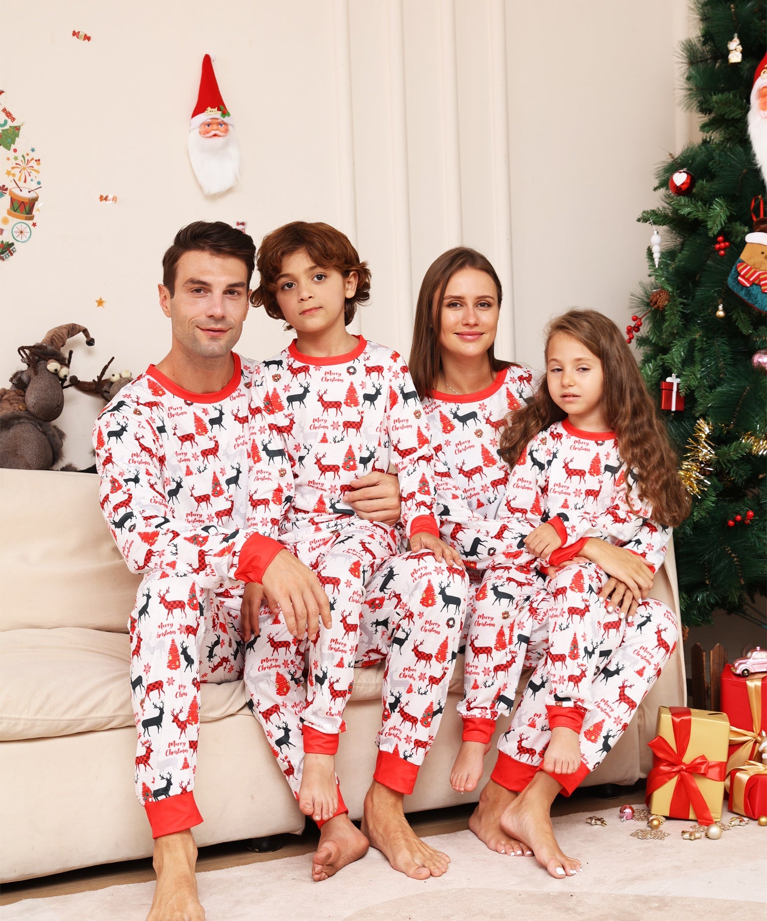 Family Alphabet Cartoon Fawn Christmas Printed Homewear Pajamas