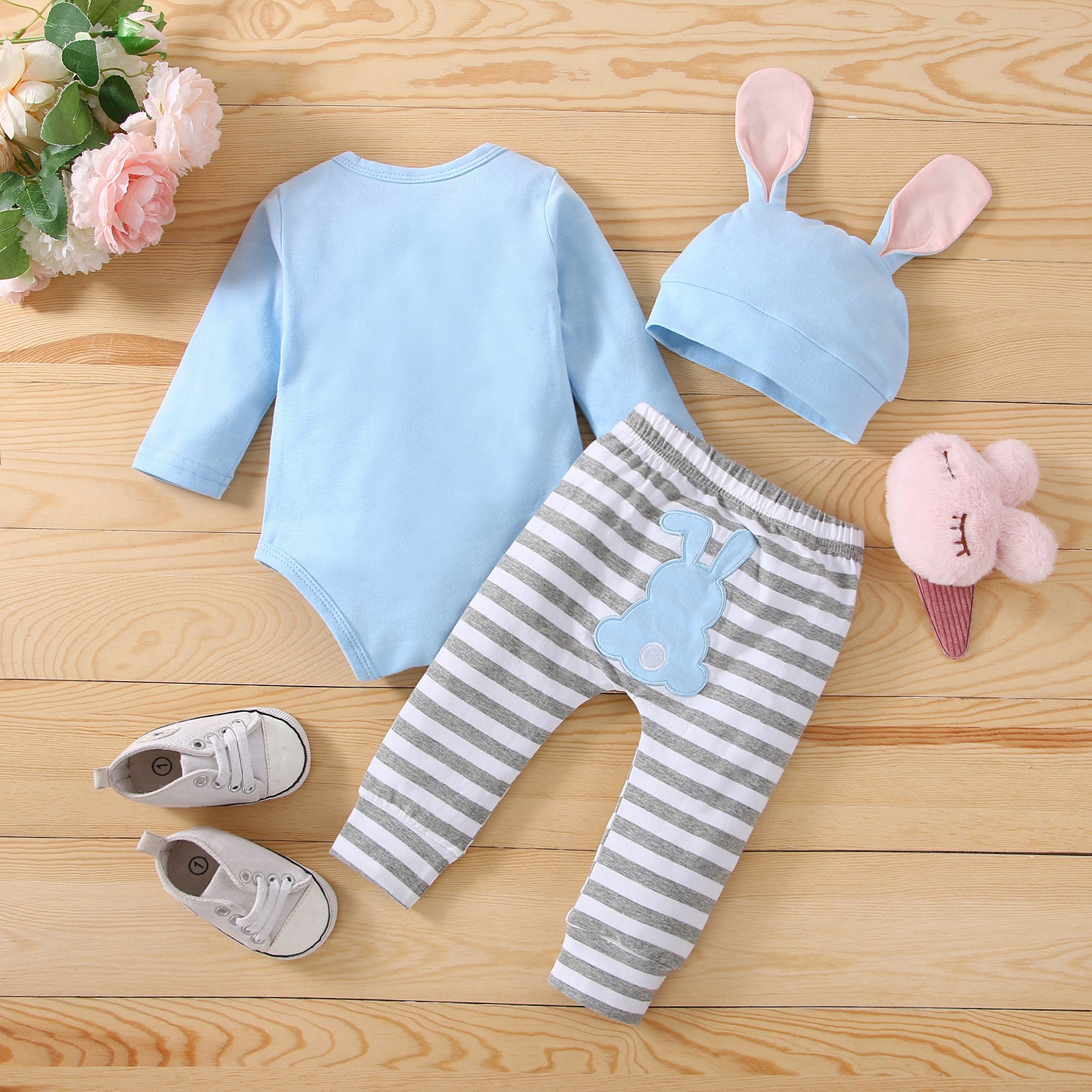 Baby Girl Suit Spring Long Sleeve Rabbit Printed Pure Cotton 3 Pcs Sets