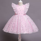 Kid Baby Girls Flying Sleeve Princess Star Mesh Pompous Dresses