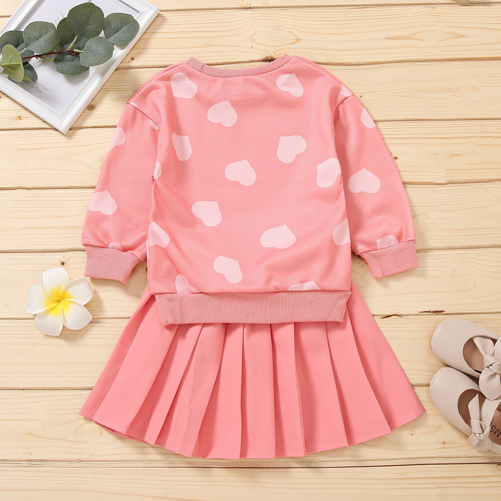 Girl Valentine's Day Autumn Dress Heart Printed Long Sleeves Pleated Sets 2 Pcs