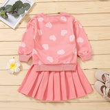 Girl Valentine's Day Autumn Dress Heart Printed Long Sleeves Pleated Sets 2 Pcs