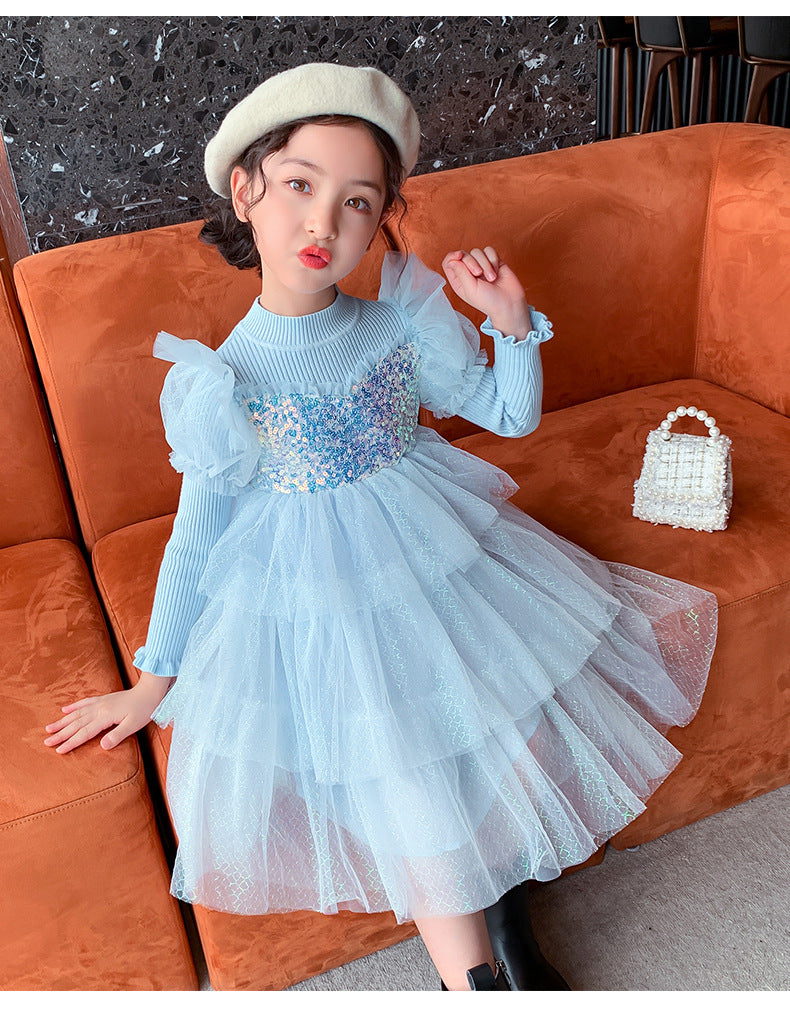 Kid Baby Girl Princess Autumn Knitted Sequins Cake Dress