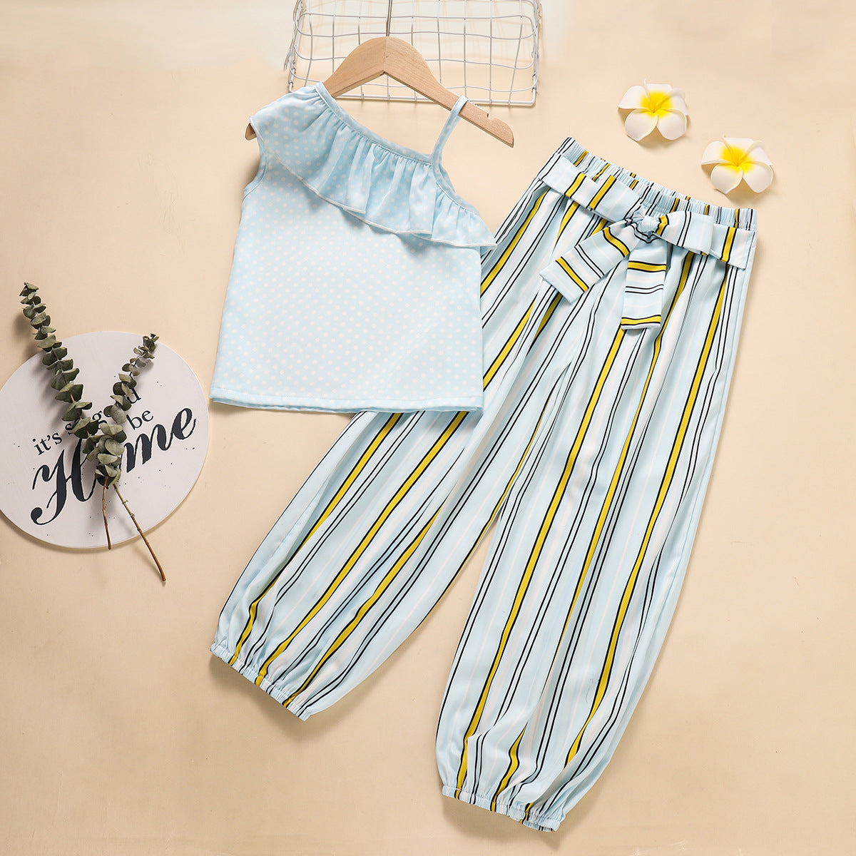 Kid Girls Wave Dot Suspenders Stripe Summer 2 Pcs Set