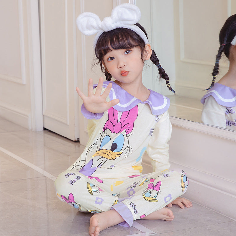Kid Girl Round Neck Pajamas Ins Spring Autumn Cute Cartoon Pajamas