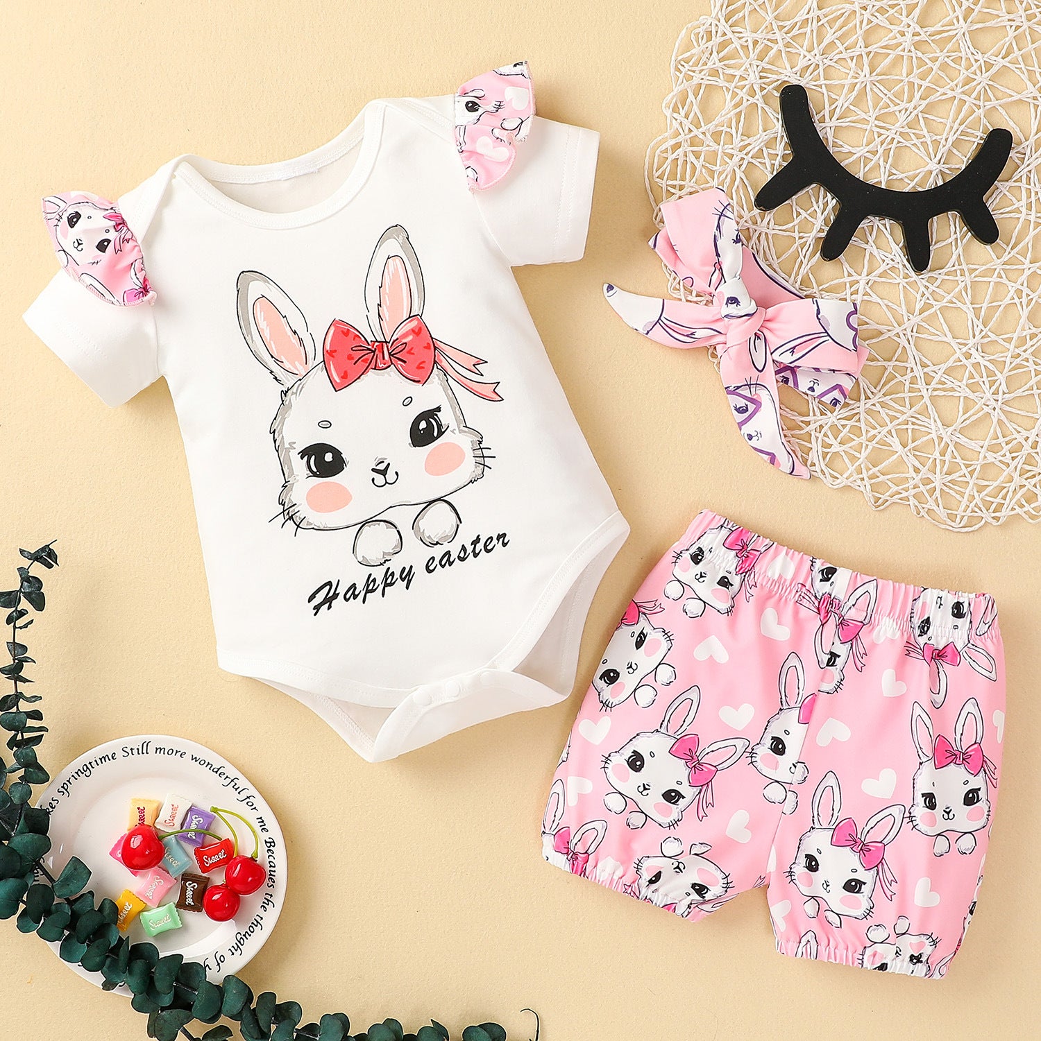 Baby Easter Bunny Print Triangle Halter Suit Sets 2 Pcs