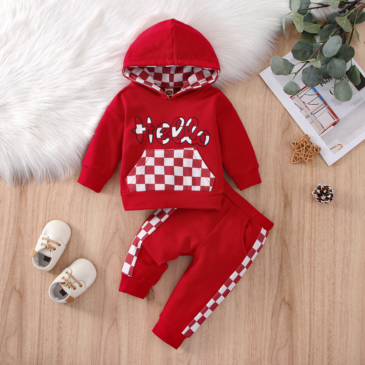 Baby Boy Girl Suit Plaid Hooded Solid Color 2 Pcs Sets