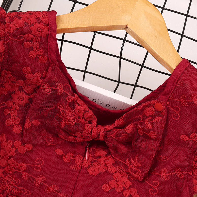 Kid Baby Girl Summer Western Bow Flying Sleeve Embroidery Gauze Flower Dresses