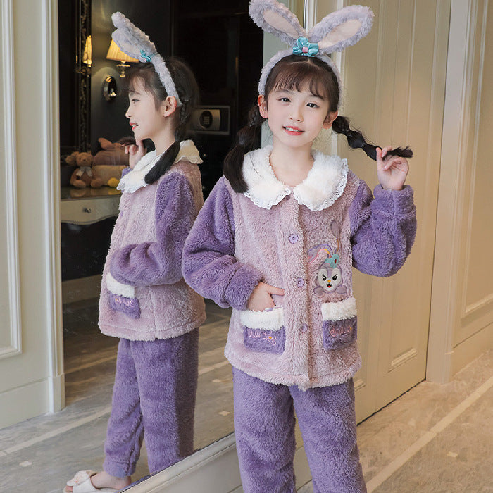 Kid Girl Pajamas Lapel Plush Autumn Winter Thickened Coral Fleece Cartoon Pajamas