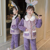 Kid Girl Pajamas Lapel Plush Autumn Winter Thickened Coral Fleece Cartoon Pajamas
