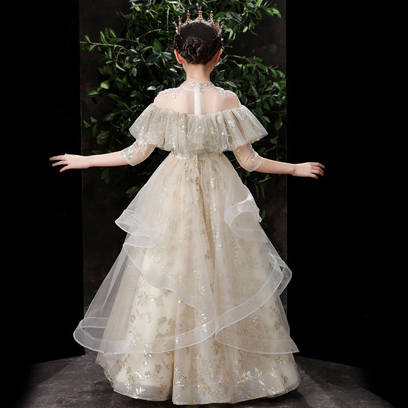 Kids Long Girl Champagne Sequin Embroidery Teenagers Ceremony Dress