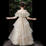 Kids Long Girl Champagne Sequin Embroidery Teenagers Ceremony Dress