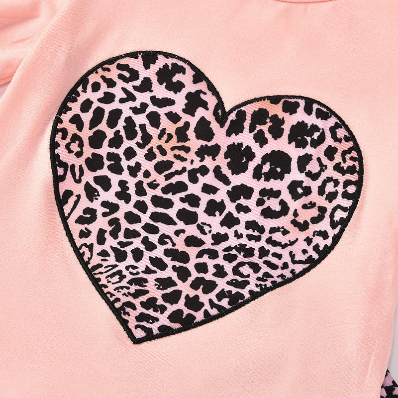 Girl Suit Love Valentine's Day Short Sleeve Leopard Print 2 Pcs Sets