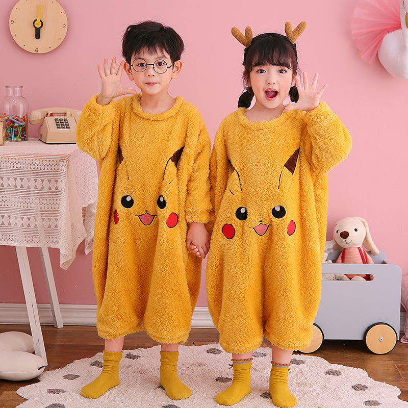 Autumn Winter Plush Kids Baby Boy Girl One-piece Cute Cartoon Coral Pajamas