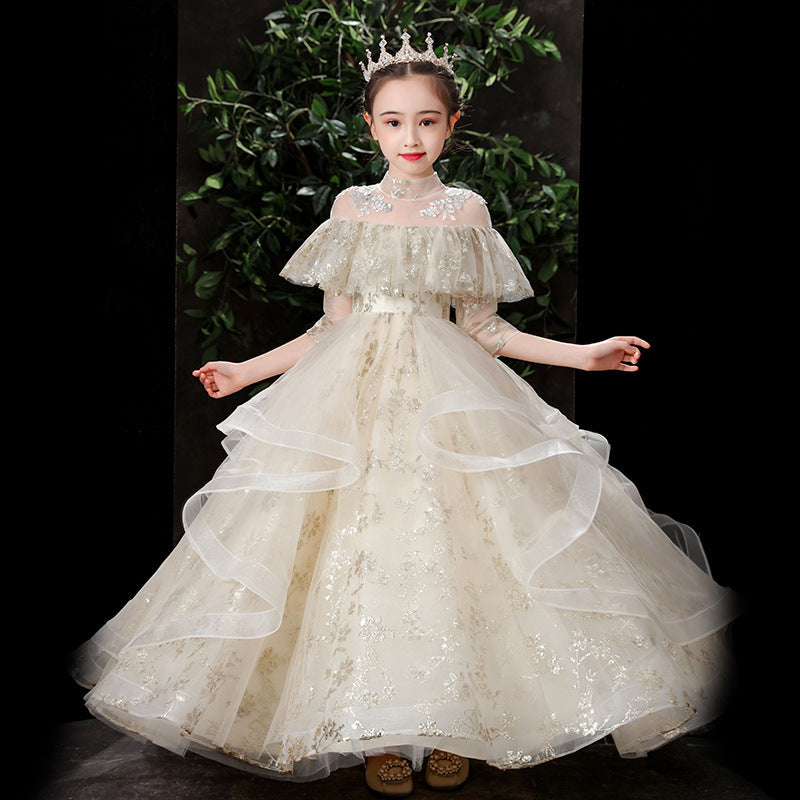 Kid Girl Catwalk Princess Flower Puffy Host Piano Dresses