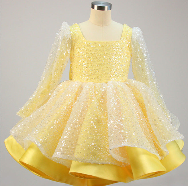 Kid Girls Sequin Princess Bow Long Sleeve Birthday Dress