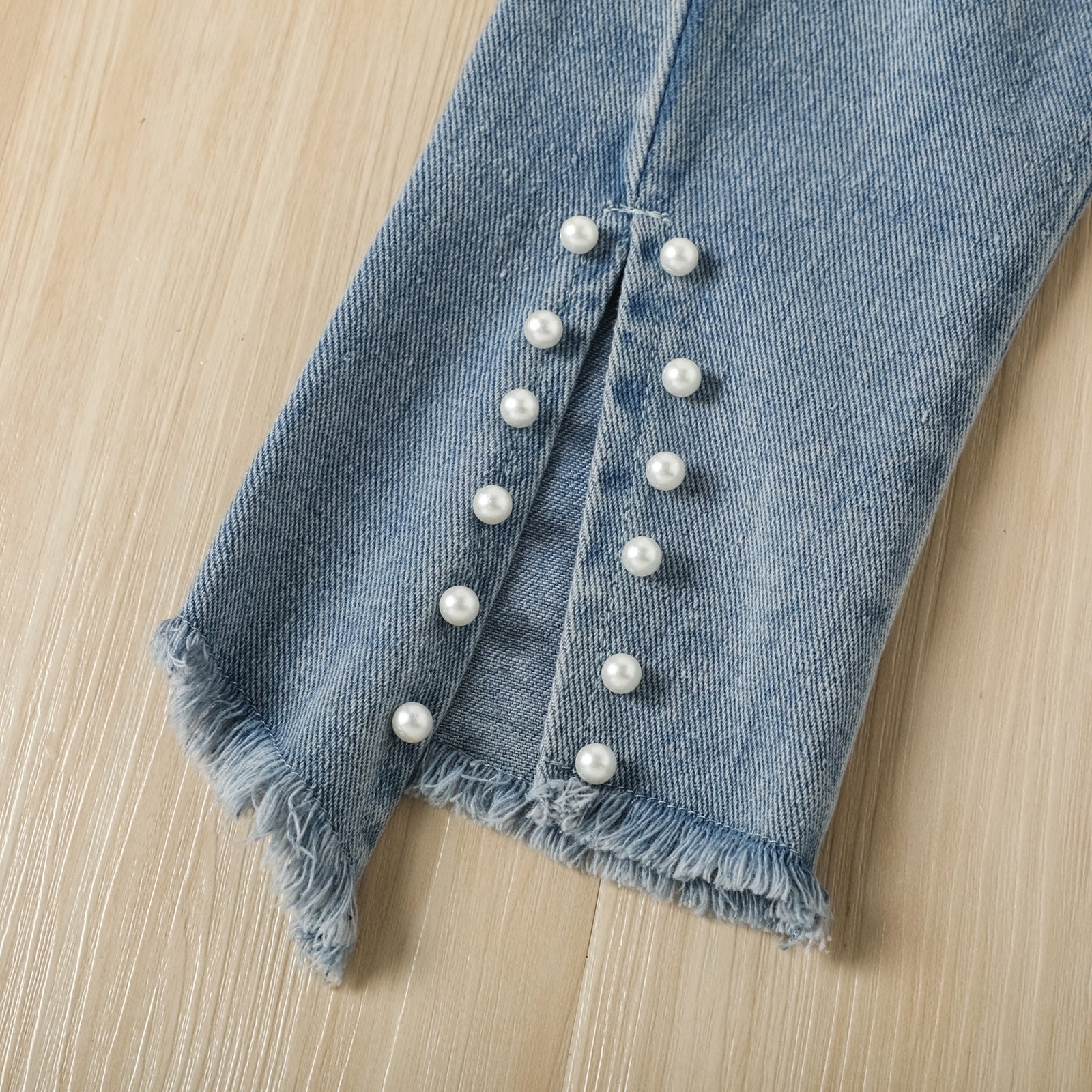 Kid Baby Boy Embroidered Mesh Bubble Sleeve Pearl Hem Jeans 2 Pcs Sets