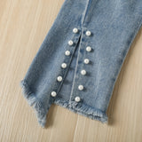 Kid Baby Boy Embroidered Mesh Bubble Sleeve Pearl Hem Jeans 2 Pcs Sets