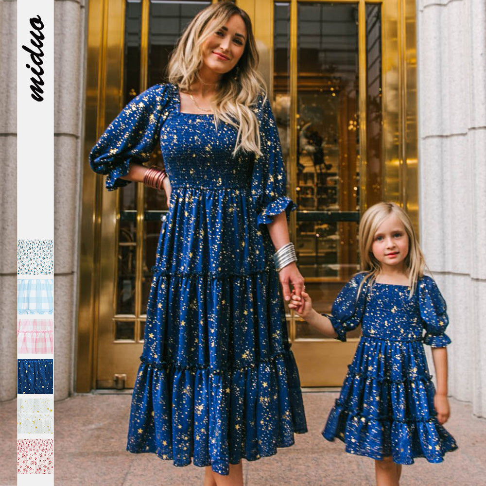 Family Matching Floral Digital Printed Summer Lantern Sleeve Dresses